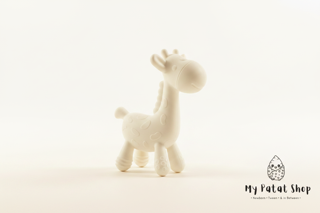 White silicone giraffe teething toy standing on light background with My Patat Shop logo