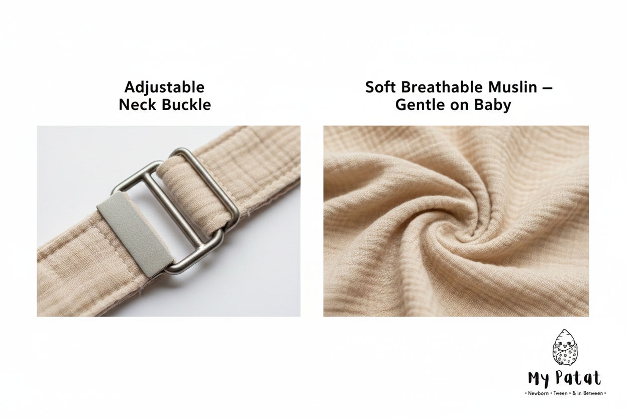Close-up detail of adjustable D-ring buckle and soft crinkle muslin fabric texture