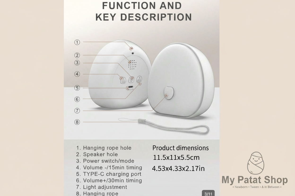 Baby night light function and key description diagram with cm dimensions