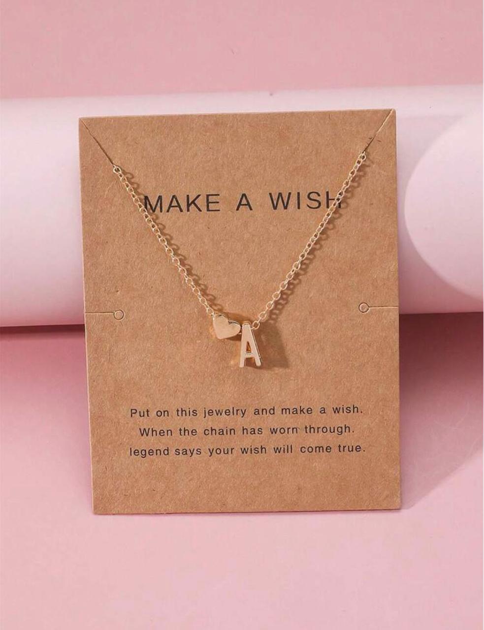 Make a Wish Initial Necklace - Gold with heart charm on kraft card