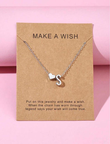 Make a Wish Initial Necklace - Silver letter S with heart charm