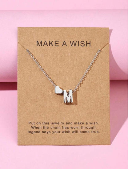 Make a Wish Initial Necklace - Silver letter M with heart charm