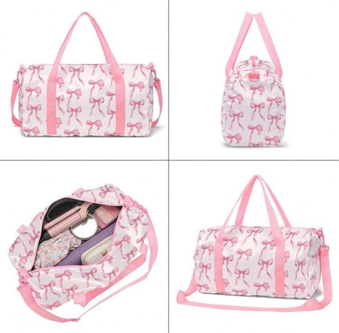 Pink Bow Duffle Bag - on luggage trolley