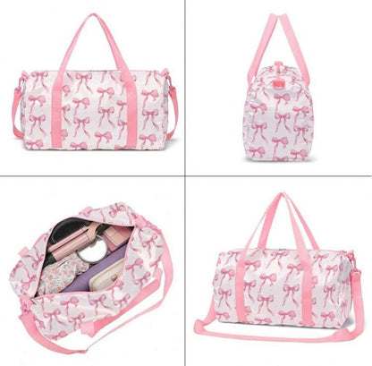 Pink Bow Duffle Bag - on luggage trolley
