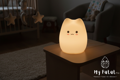 Cat night light glowing in dark nursery with logo