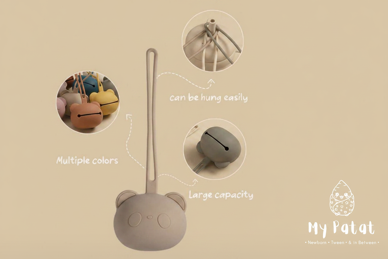 Cream silicone bear soother holder product infographic showing features