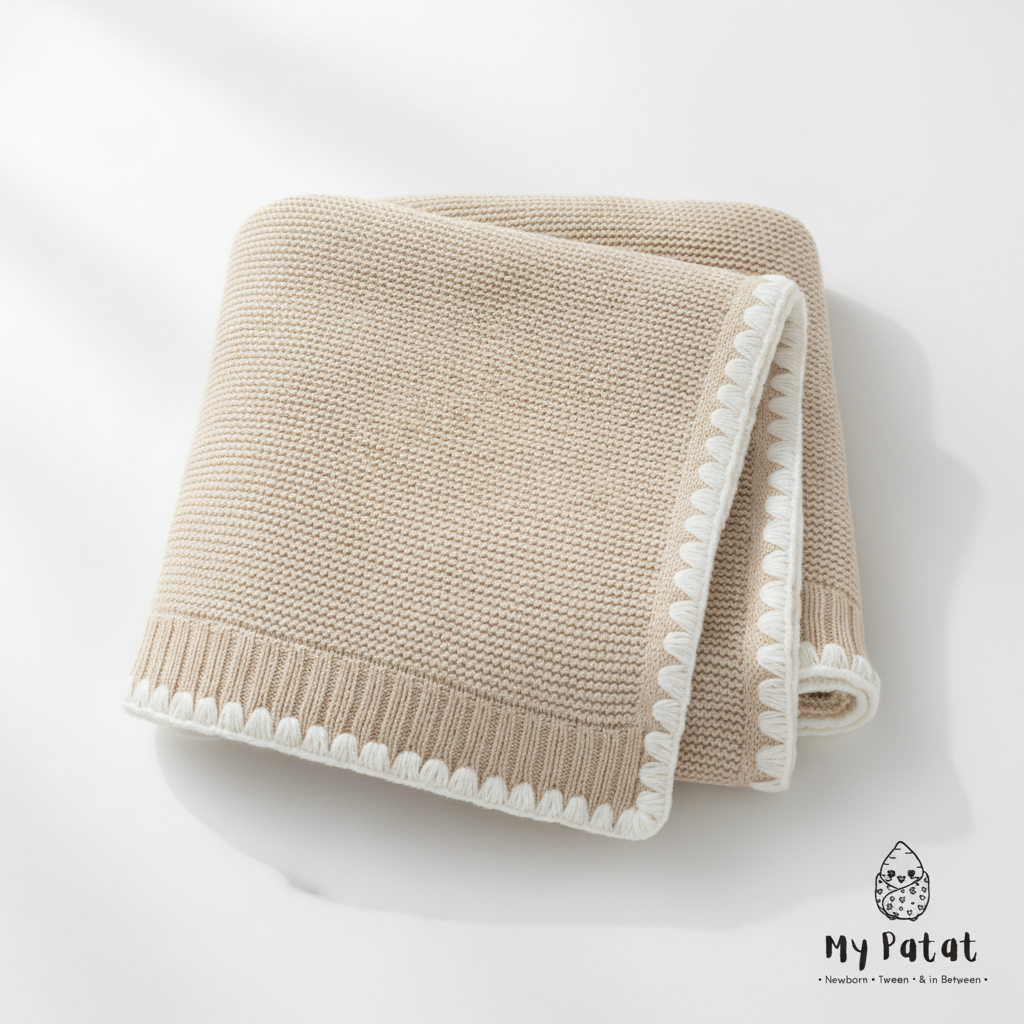 Beige knit baby blanket with white pom-pom trim