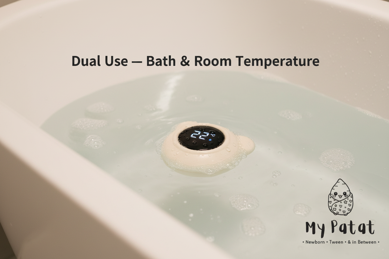 Bear thermometer floating in bathtub showing dual use bath and room temperature feature