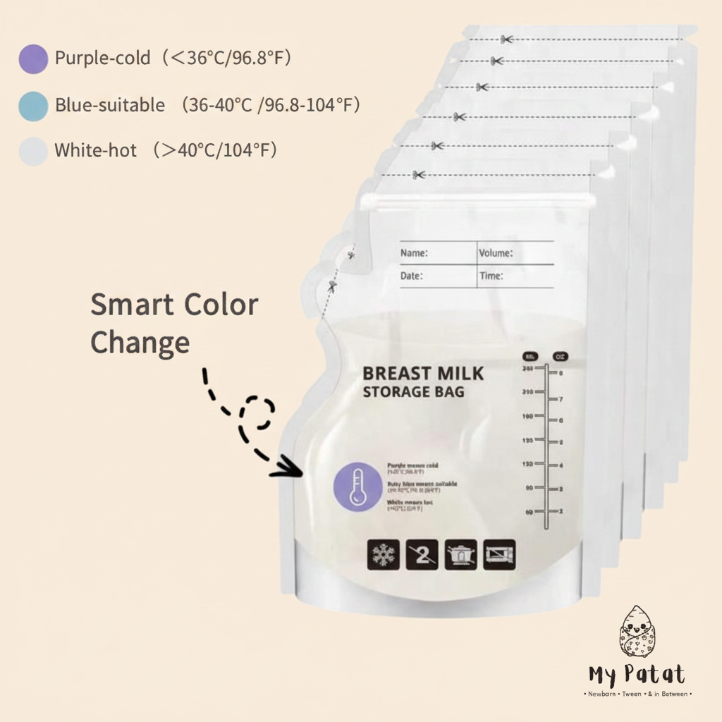 Smart colour change infographic for breast milk storage bags
