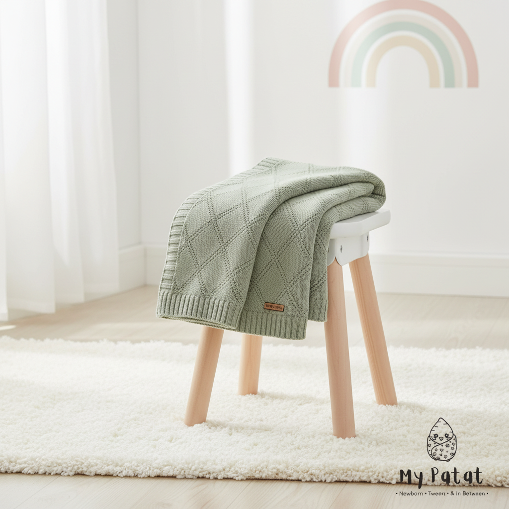 Diamond knit baby blanket lifestyle shot on stool