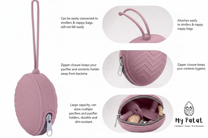 Feature callout showing strap attachment, zipper closure and large capacity of silicone pacifier case
