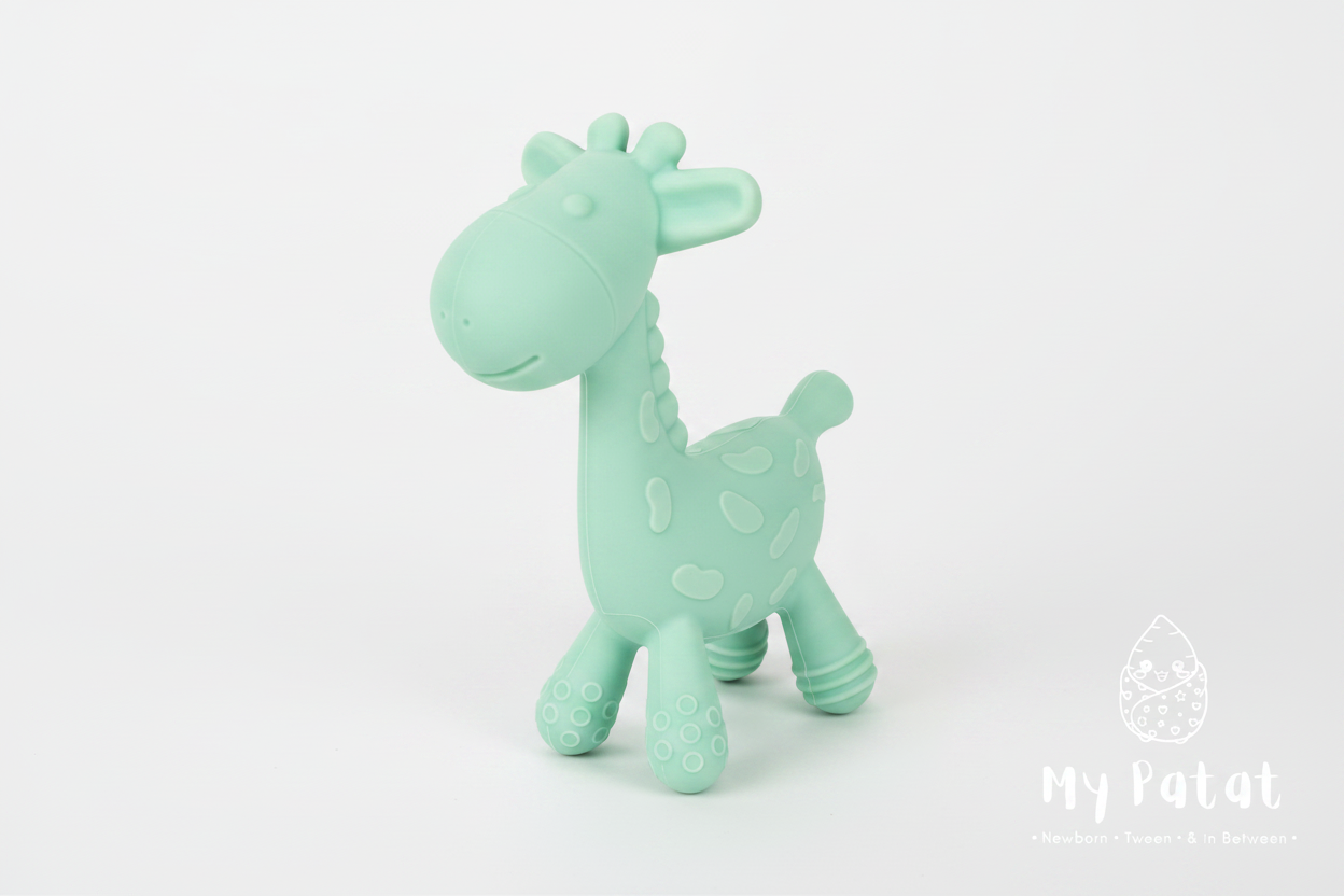 Mint green silicone giraffe teething toy on white background with My Patat Shop logo