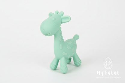 Mint green silicone giraffe teething toy on white background with My Patat Shop logo