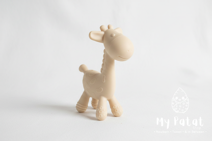 Cream silicone giraffe teething toy on white background with My Patat Shop logo