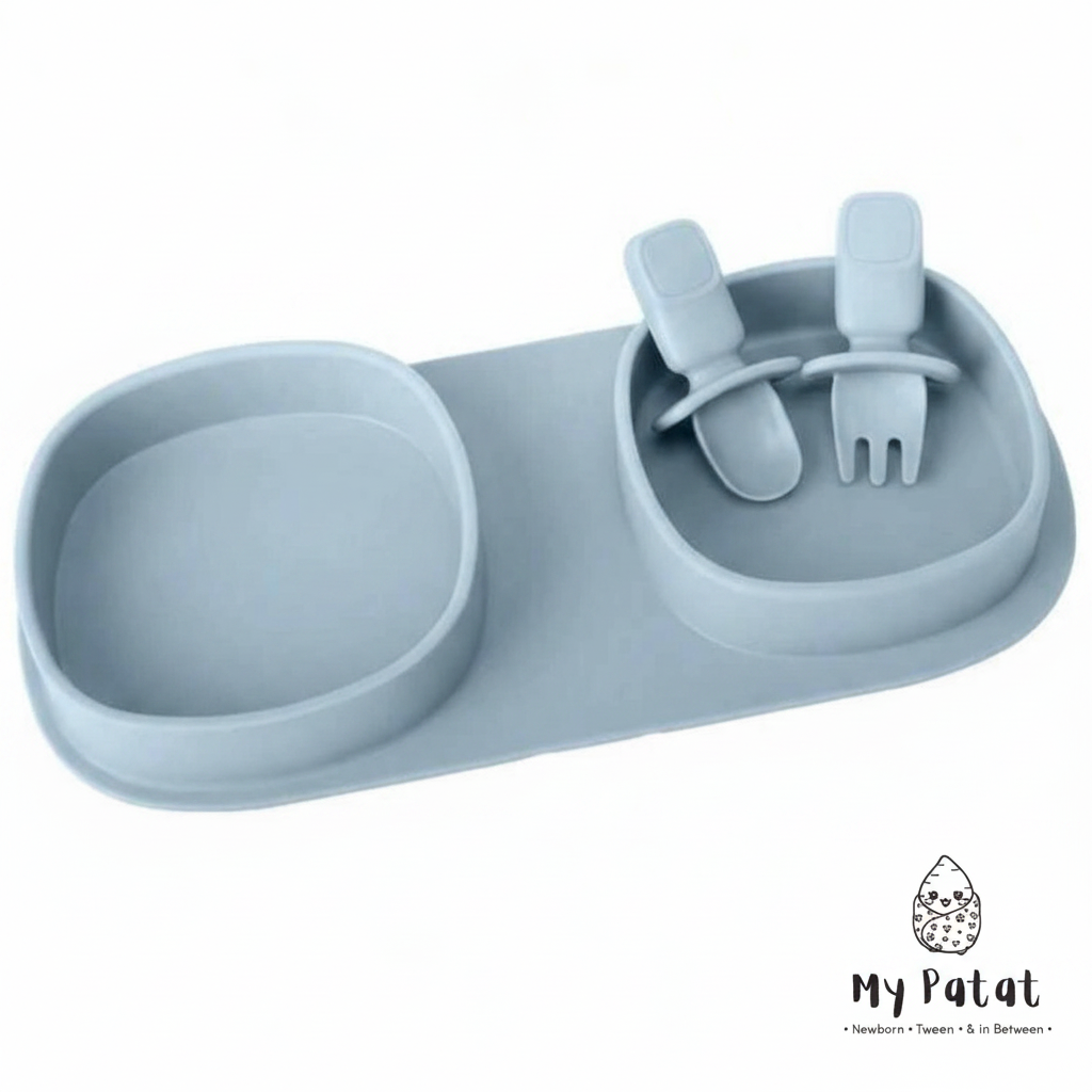 Sage green silicone 3-piece toddler travel plate set
