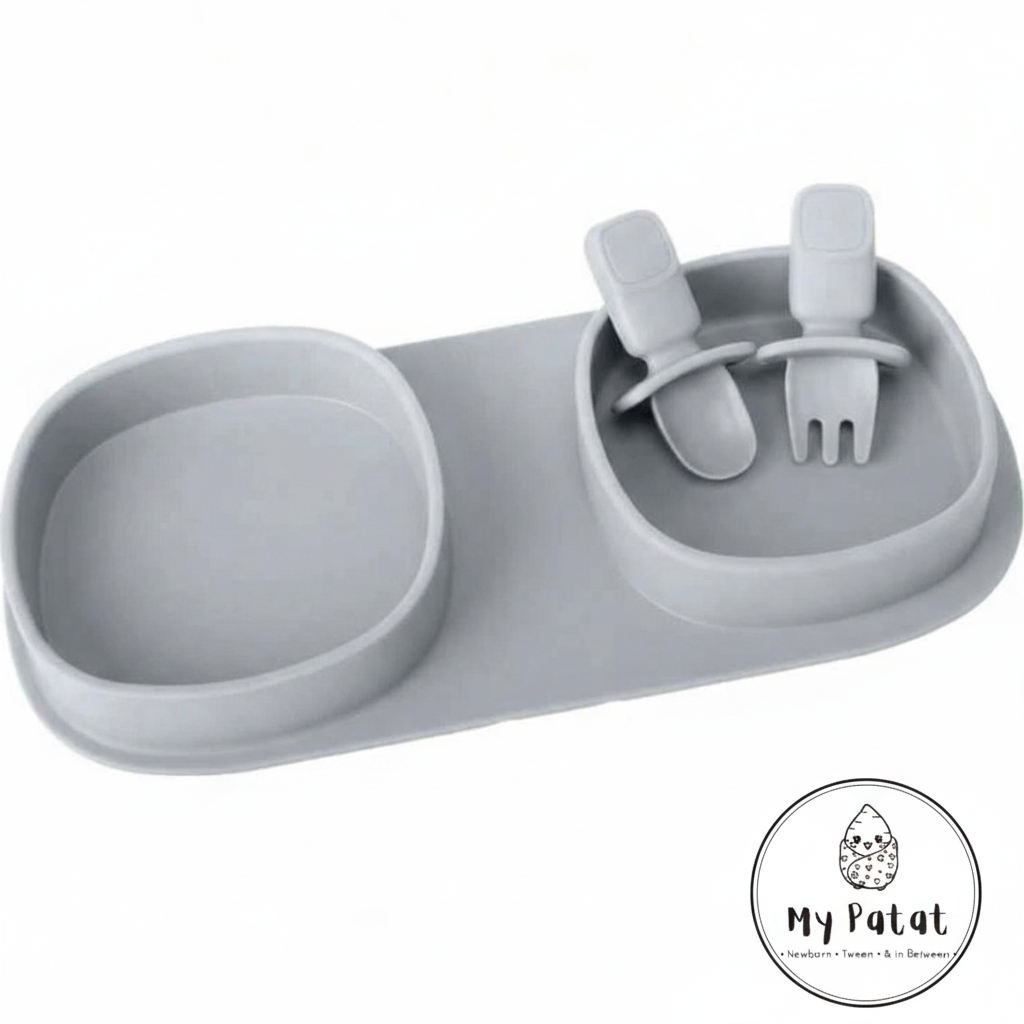 Beige silicone 3-piece toddler travel plate set