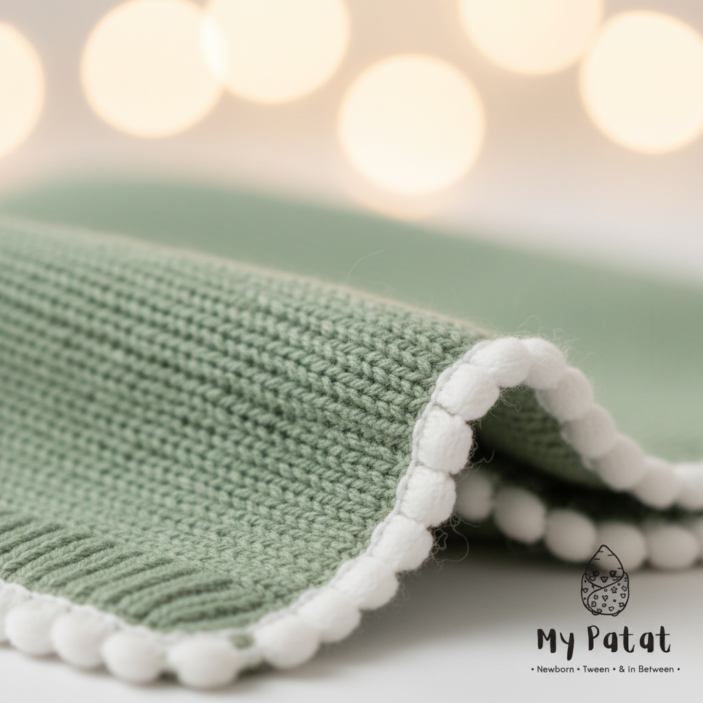 Knit baby blanket pom-pom trim close-up