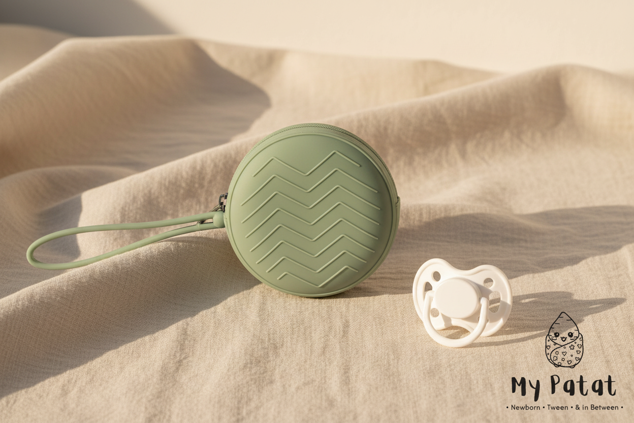 Sage green silicone pacifier case with wrist strap on linen surface with dummy