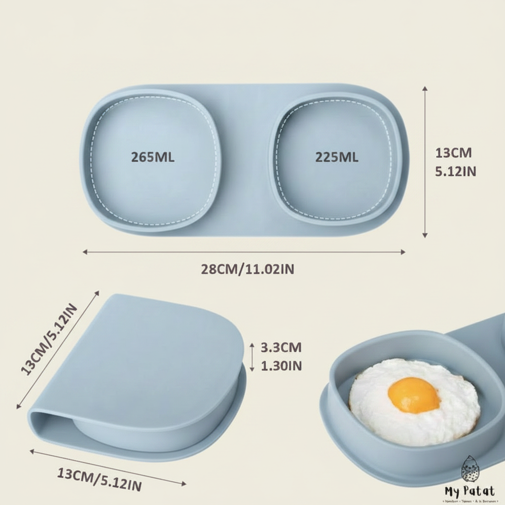Silicone travel plate set size and volume dimensions infographic