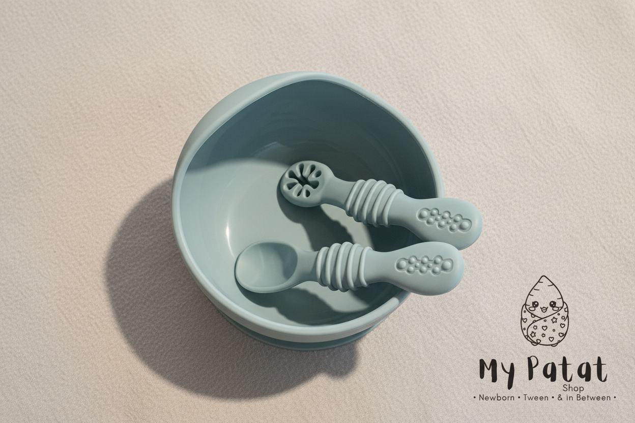 Dusty blue silicone baby spoons resting inside suction bowl top-down view