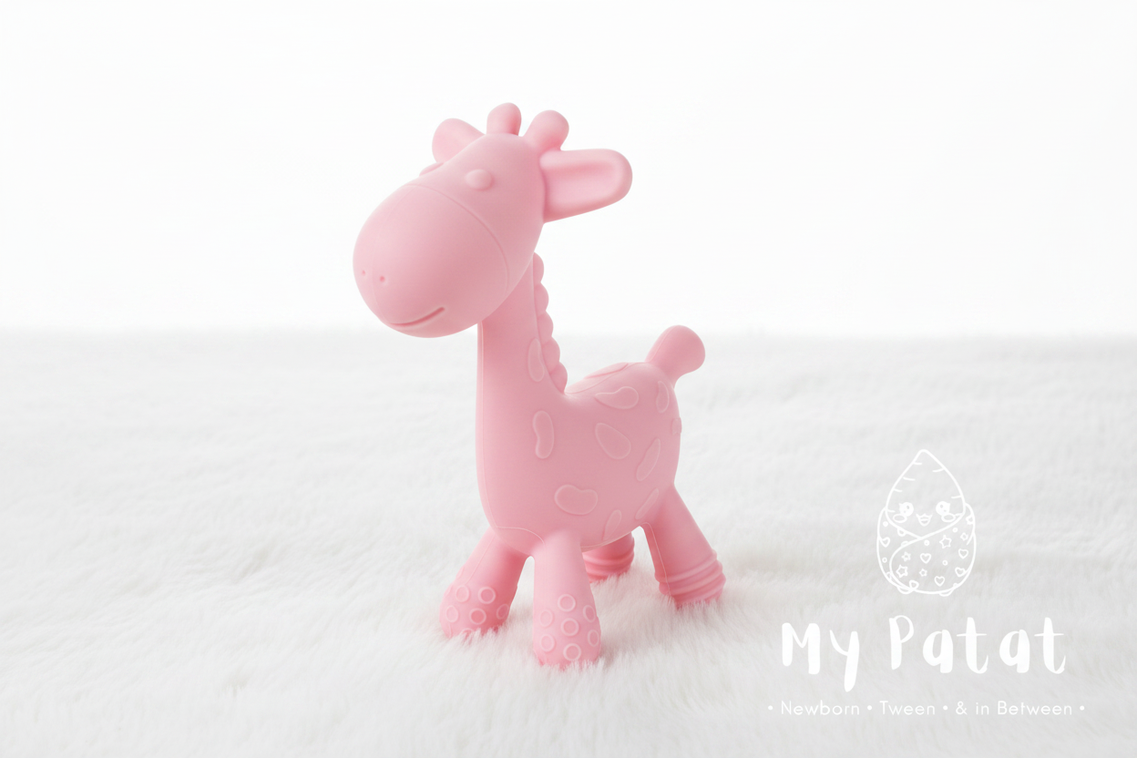 Pink silicone giraffe teething toy on white background with My Patat Shop logo