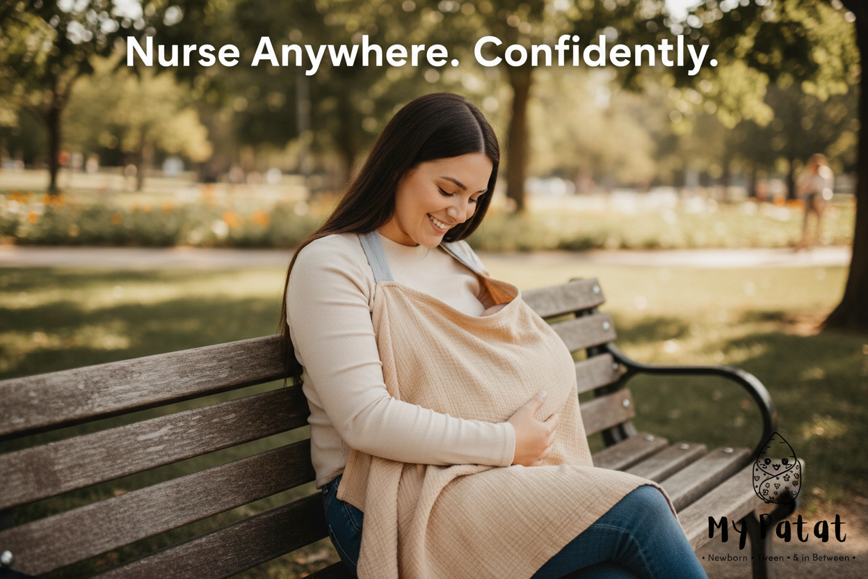 Confident mother nursing in public wearing beige muslin cover - Nurse Anywhere Confidently