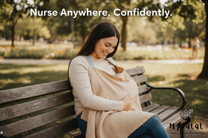 Confident mother nursing in public wearing beige muslin cover - Nurse Anywhere Confidently