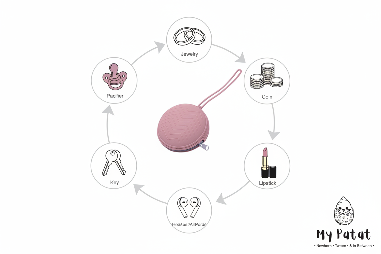 What fits inside infographic showing pacifier case with jewelry, coins, lipstick, headset, keys and pacifier