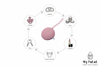 What fits inside infographic showing pacifier case with jewelry, coins, lipstick, headset, keys and pacifier