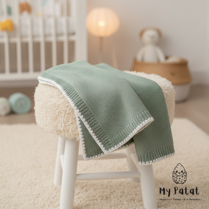 Sage green knit baby blanket lifestyle shot