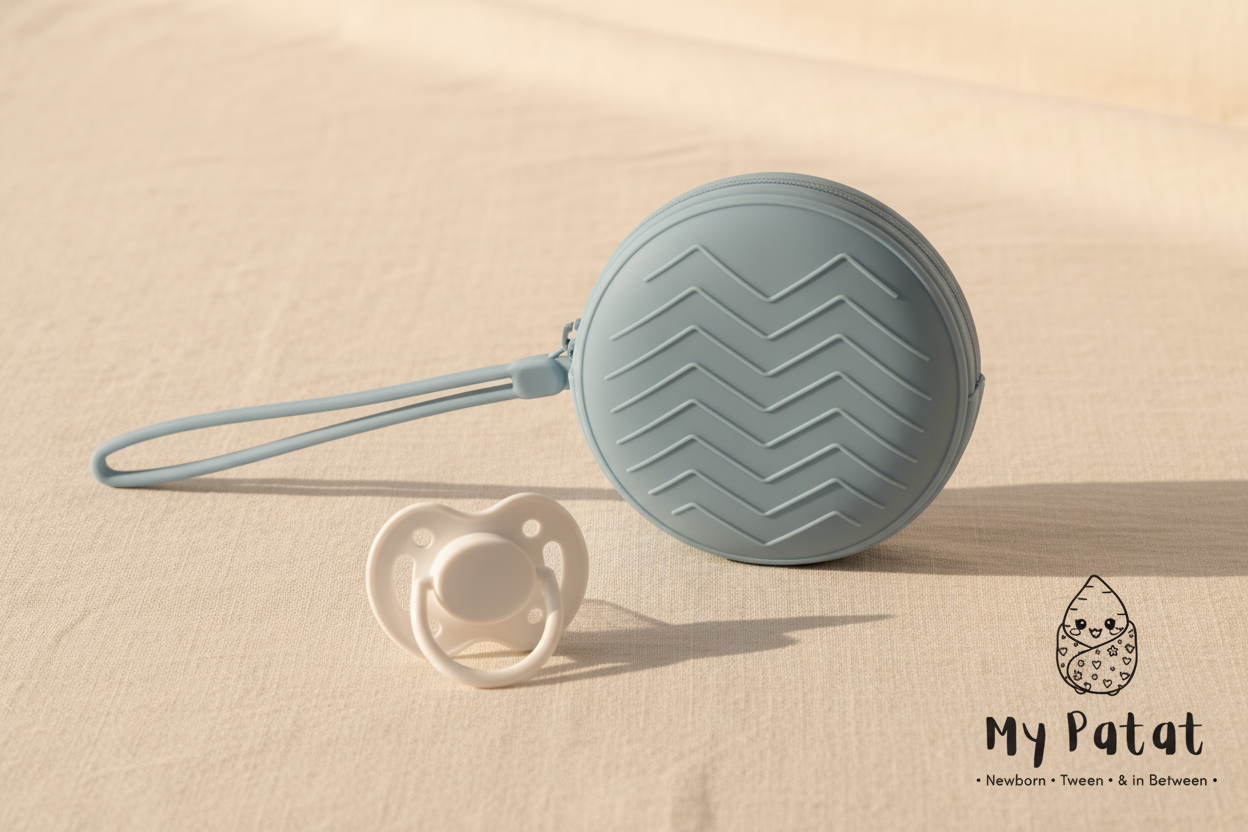 Powder blue silicone pacifier case with wrist strap on linen surface with dummy