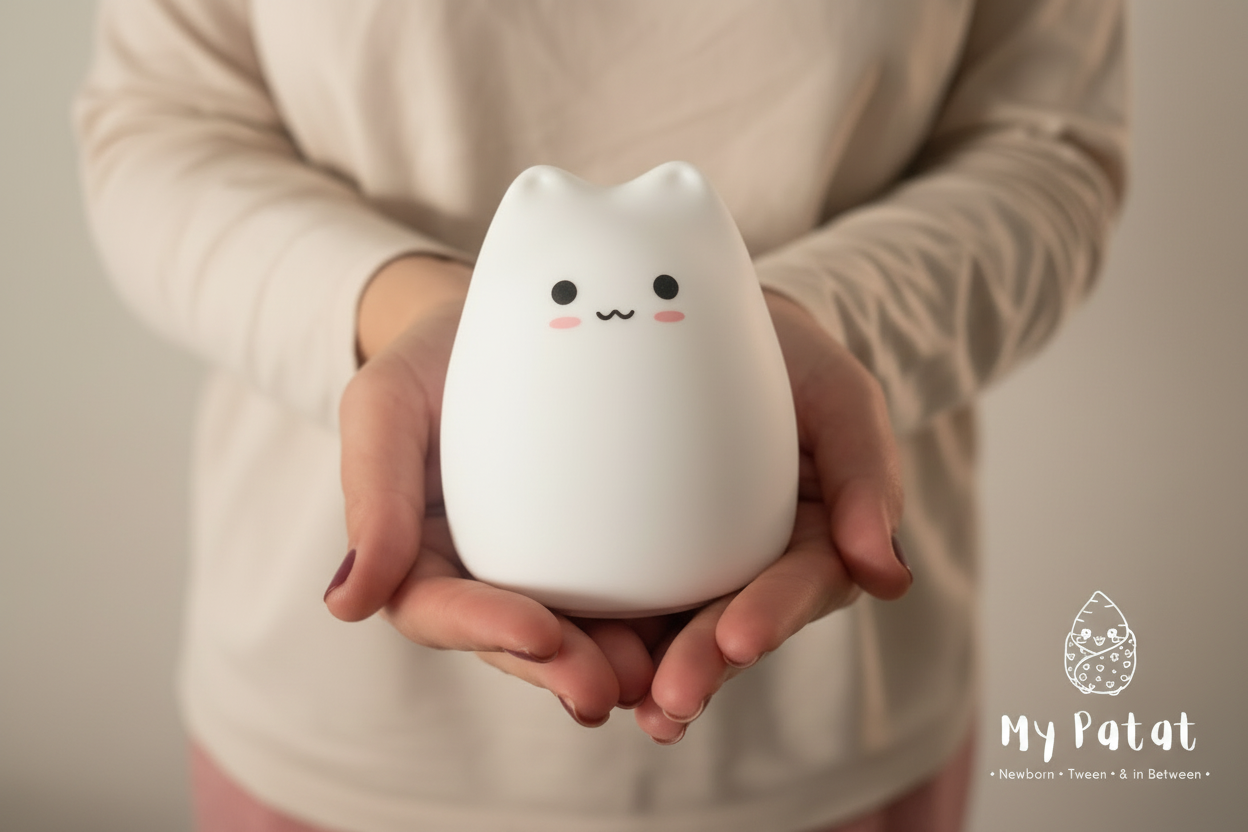 Kawaii cat silicone night light held in cupped hands close-up with My Patat Shop logo