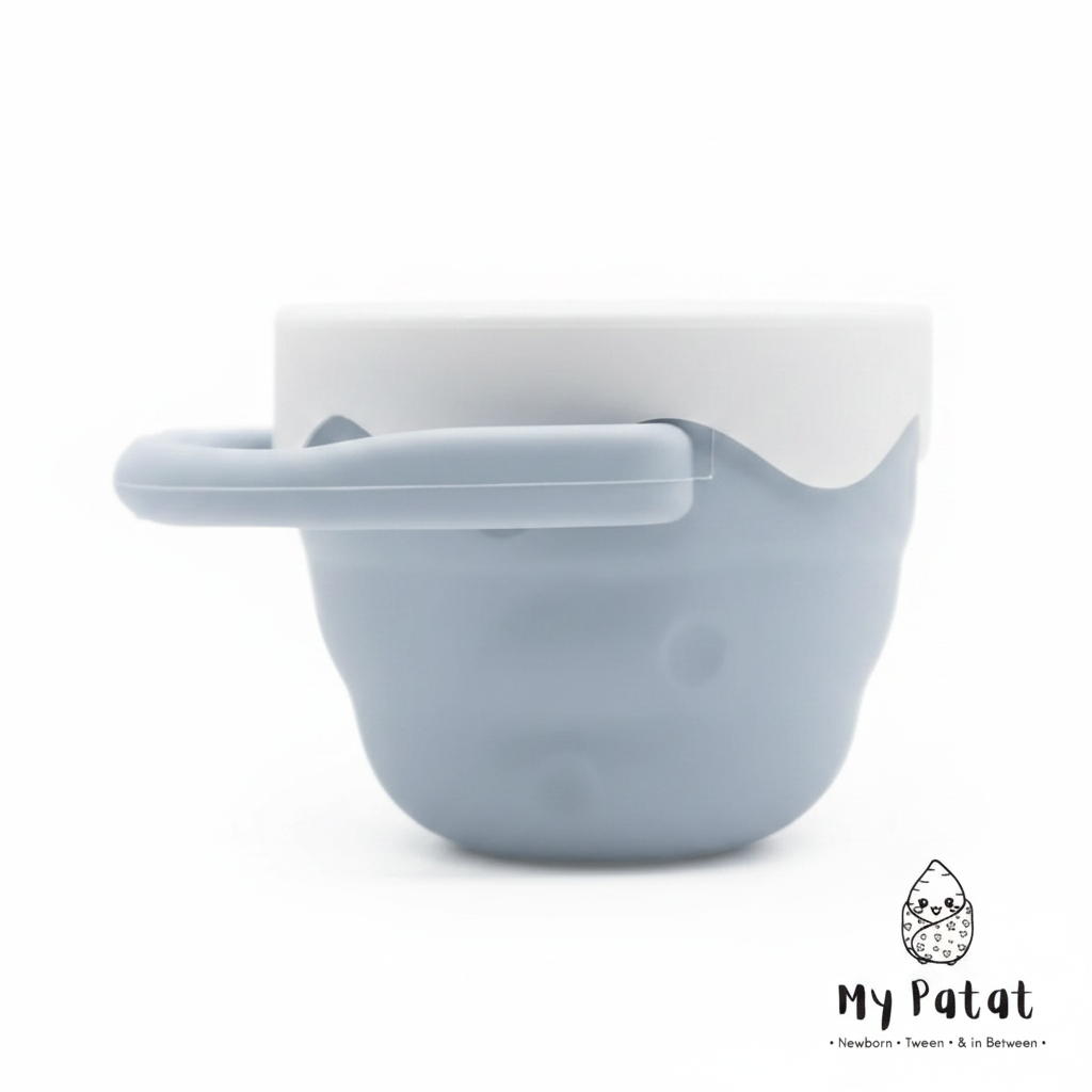 Blue grey silicone snack cup with white lid