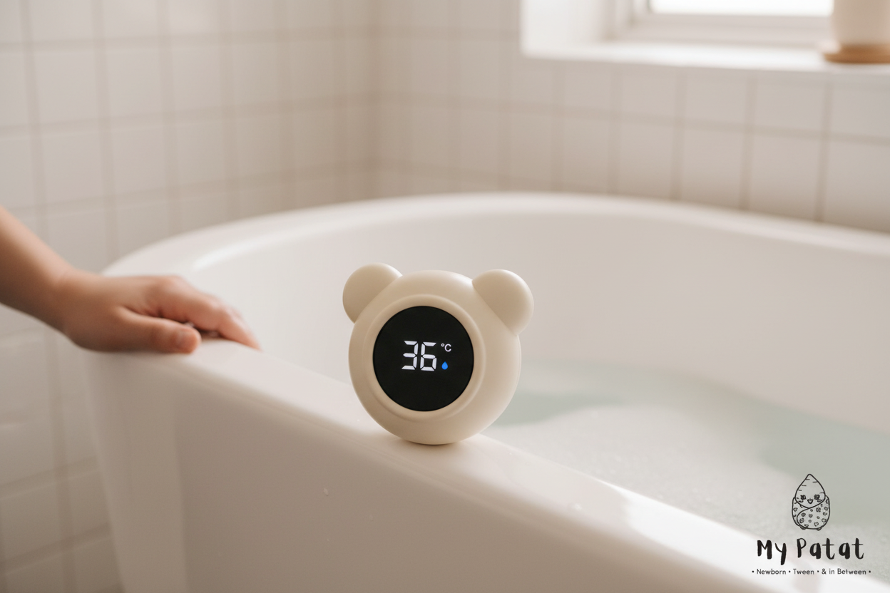 Bear baby thermometer sitting on edge of white bathtub with warm water