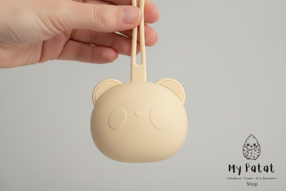 Front view of silicone bear soother holder showing bear face design