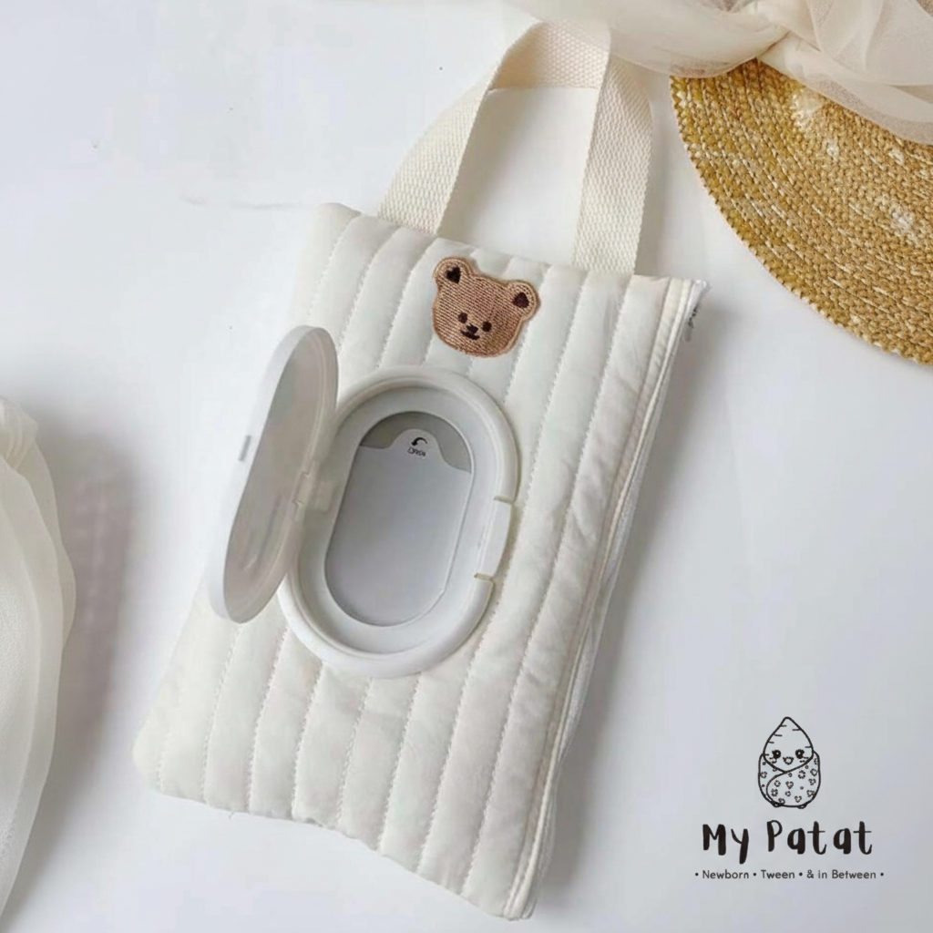 Quilted bear baby wipes pouch flat lay