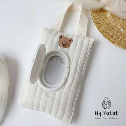 Quilted bear baby wipes pouch flat lay