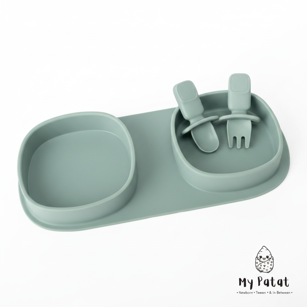 Sage green travel plate tray and utensils no lid