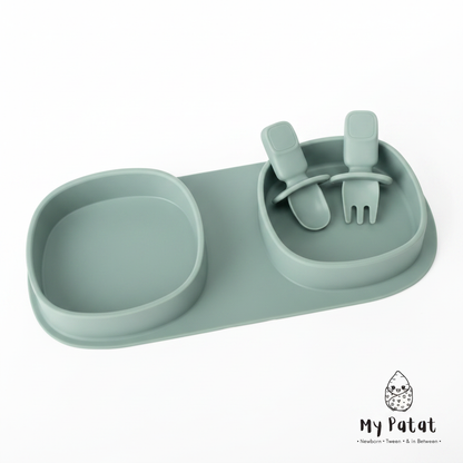 Sage green travel plate tray and utensils no lid