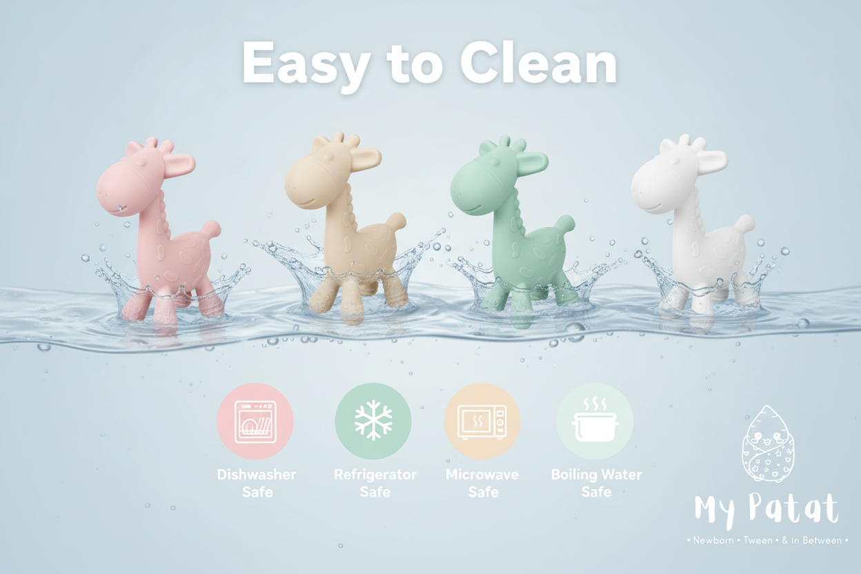 4 silicone giraffe teething toys in pink, cream, mint and white floating in water - easy to clean infographic
