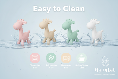 4 silicone giraffe teething toys in pink, cream, mint and white floating in water - easy to clean infographic