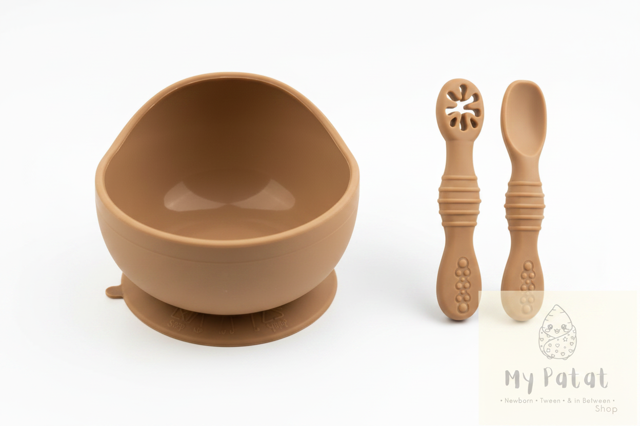 Mocha silicone baby suction bowl and spoons on white background