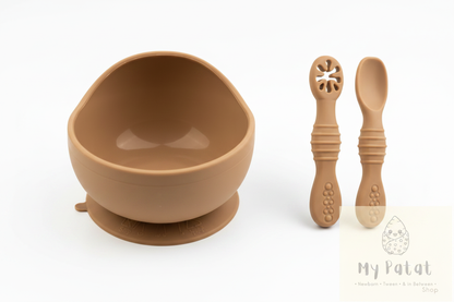 Mocha silicone baby suction bowl and spoons on white background