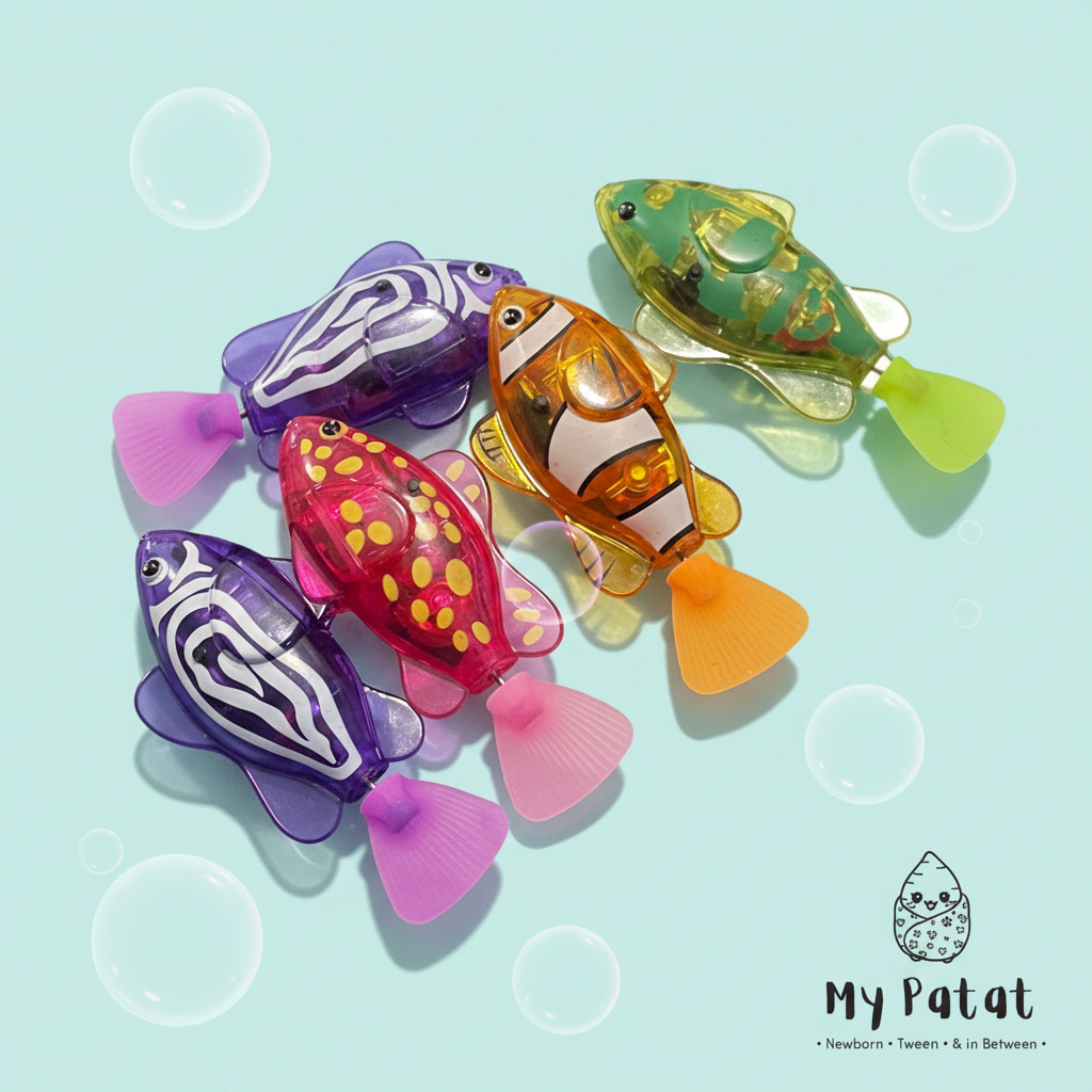 Colourful wind-up fish toys scattered on pastel background