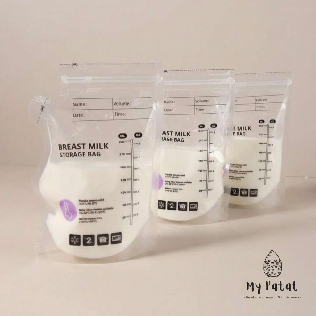 Three breast milk storage bags standing upright
