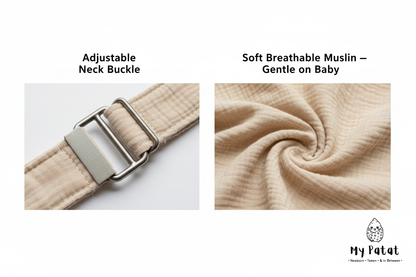 Close-up detail of adjustable D-ring buckle and soft crinkle muslin fabric texture
