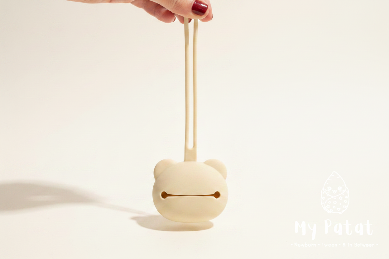 Back view of silicone bear soother holder with soft white background and My Patat Shop logo