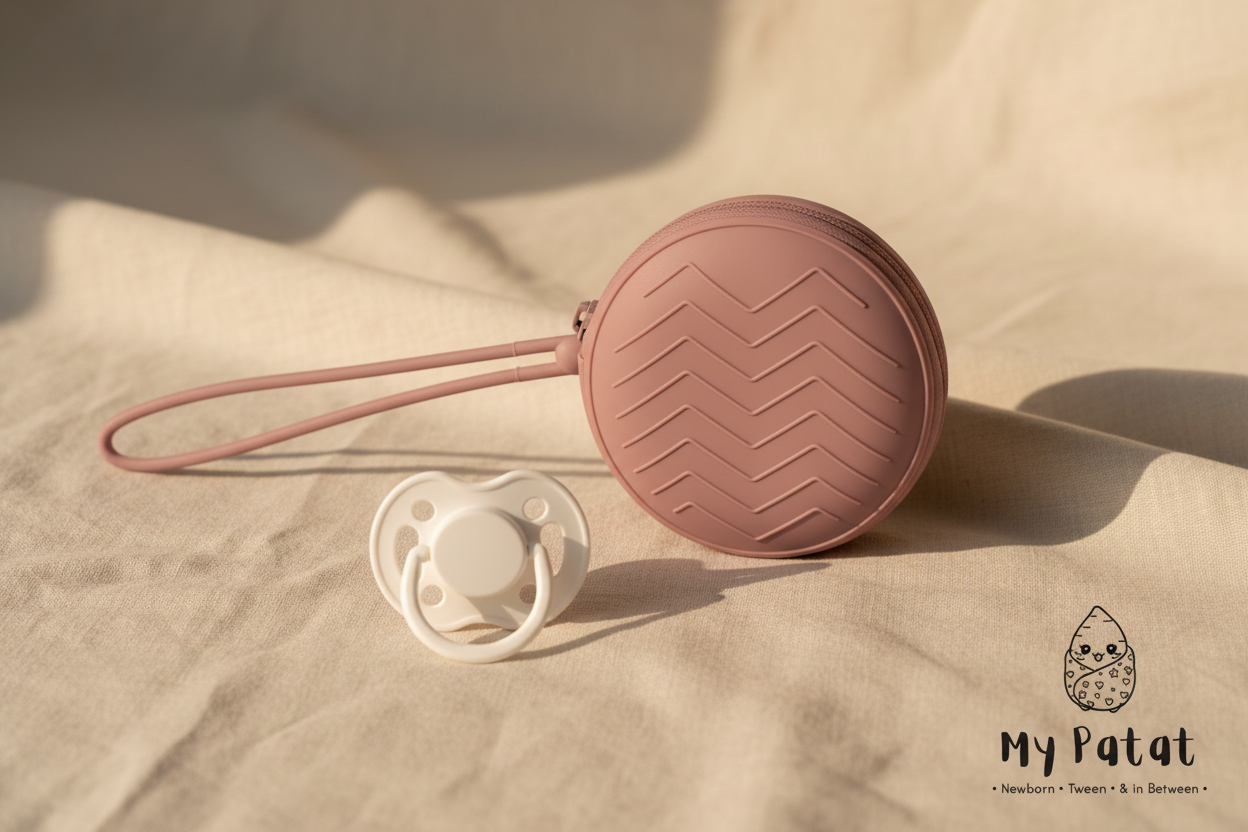 Dusty pink silicone pacifier case with wrist strap on linen surface with dummy