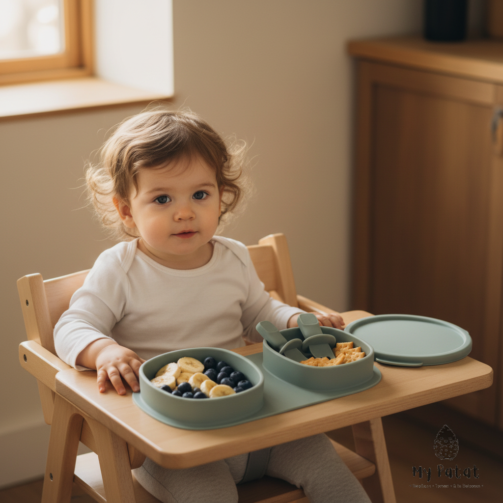 Sage green travel plate set lifestyle shot with toddler food