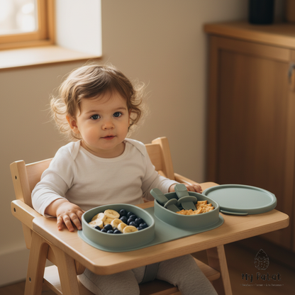 Sage green travel plate set lifestyle shot with toddler food